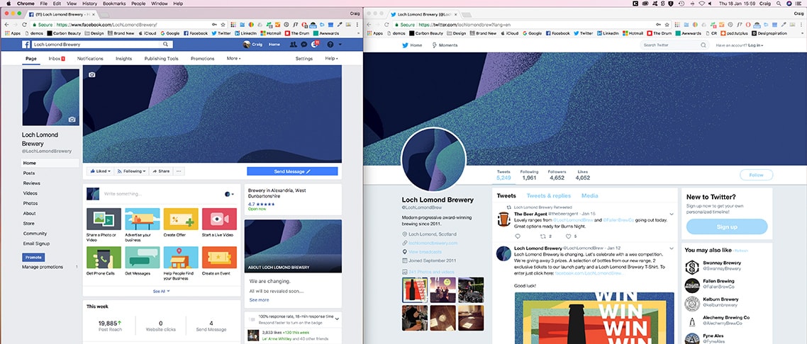 A screenshot of Loch Lomond Brewery's Facebook and Twitter accounts that are being used for a digital audit