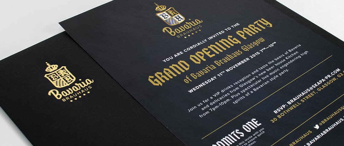 example of gold foil printed on black gf smith paper for bavaria brauhaus Glasgow demonstrating the best in print design glasgow